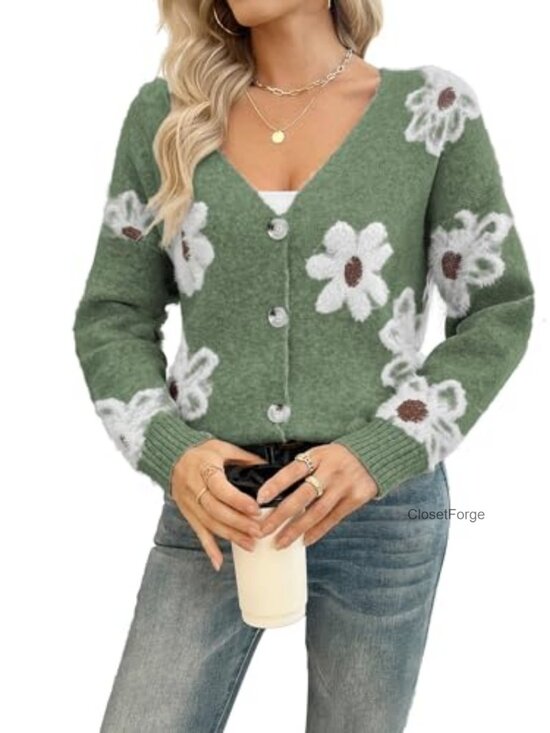 Sweaters - Women's Floral Print Button Down V-Neck Knit Cardigan Sweater Long Sleeve